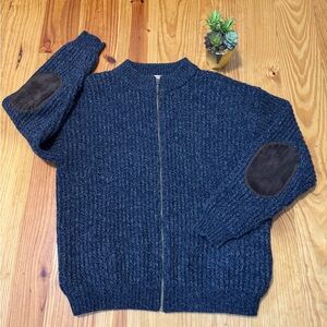 Woolrich Full Zip Wool Blend Sweater Jacket Mens LRG  Ash Navy Elbow Patches VTG